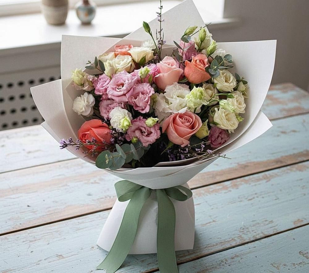 Букет цветов из: Розы, Лизиантусы и Гвоздики в Краснохолмский