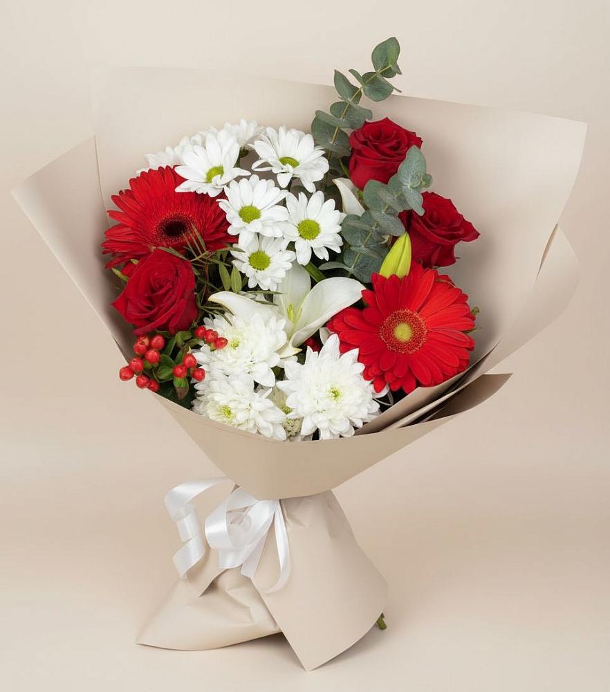 Букет цветов из: Розы, Хризантемы, Герберы и Лилии в Краснохолмский