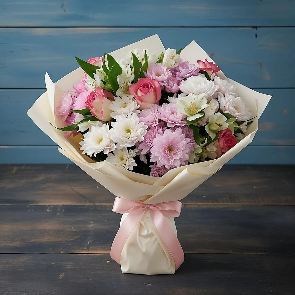 Букет цветов из: Хризантемы, Альстромерии и Розы в Краснохолмский